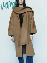 Lunivop Women Elegant Solid Double Faced Hood Scarf Wool Coat Chic Round Neck Long Sleeves Pockets